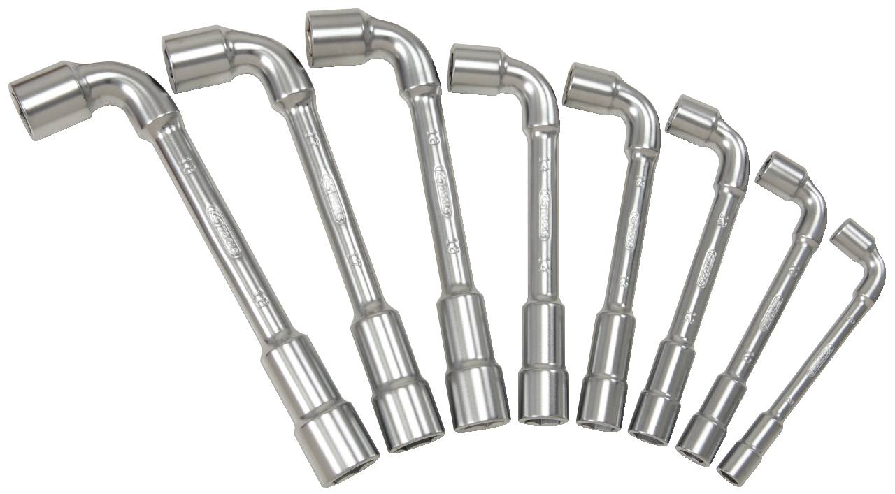 Zeven chroom-vanadium bougiesleutels in verschillende maten, gerangschikt van links naar rechts in afnemende volgorde.