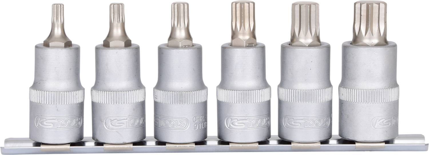 Zes Torx-bits in verschillende maten gerangschikt op een houder.