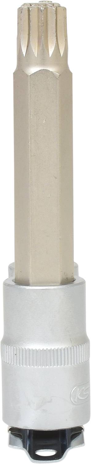 Een metalen Torx-bit-opzetstuk met een lange schacht, geschikt voor mechanische werkzaamheden en gebruik met een schroevendraaier.