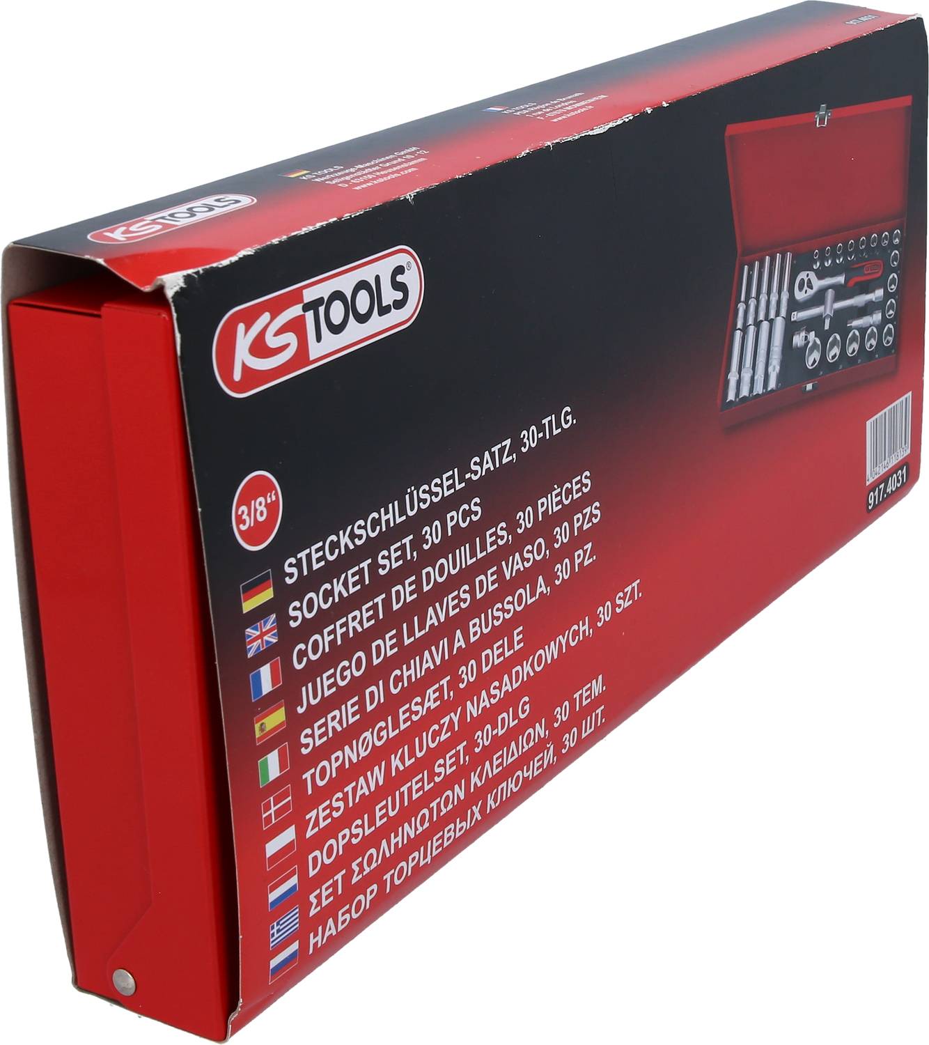 Rode doos met opschrift 'KS TOOLS Dopsleutelset, 30-delig' en verschillende taalversies van de beschrijving.