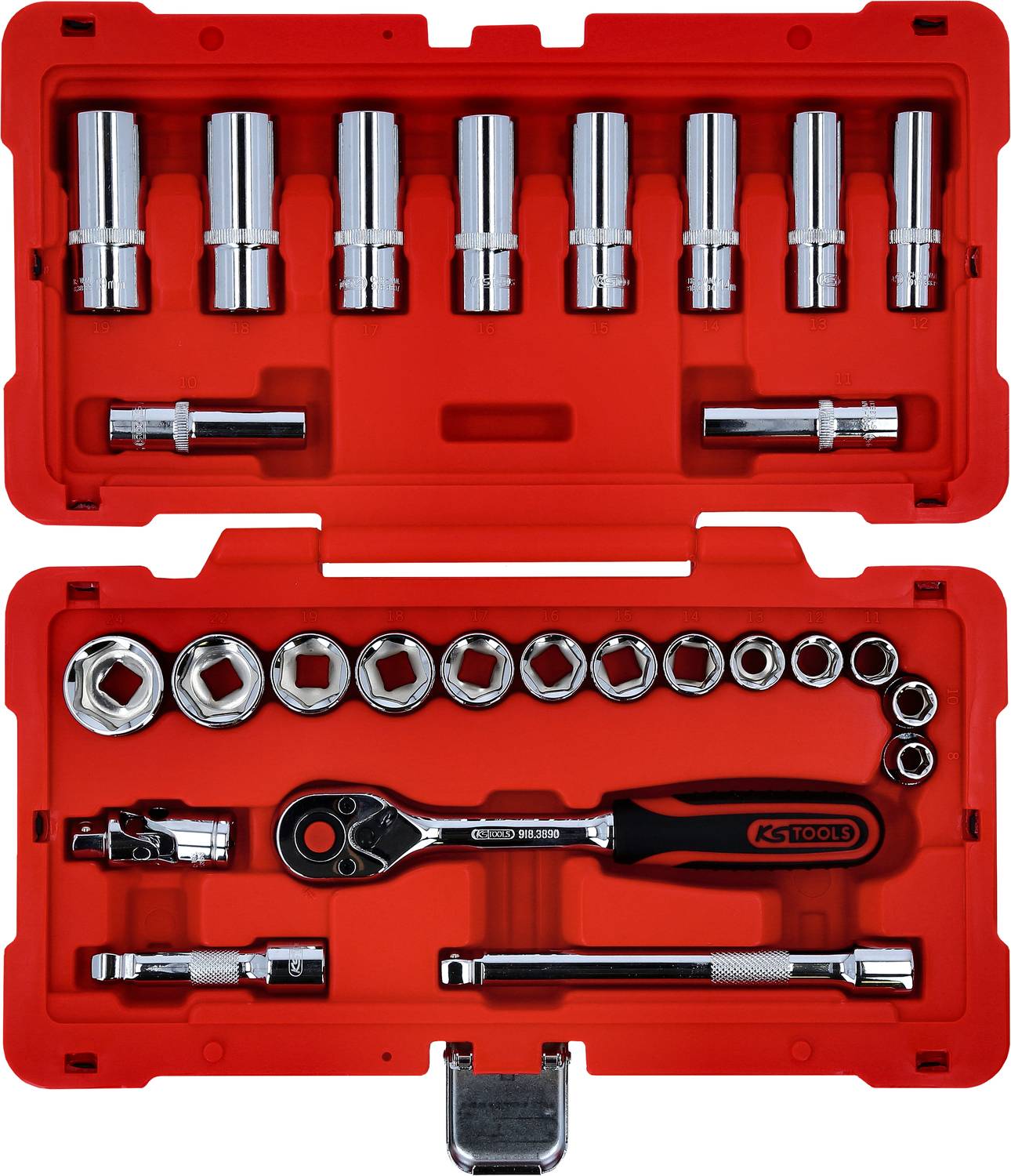 Een rode gereedschapskoffer met verschillende dopsleutels, een ratel en verlengstukken. Gereedschapsmerk 'KS Tools'.