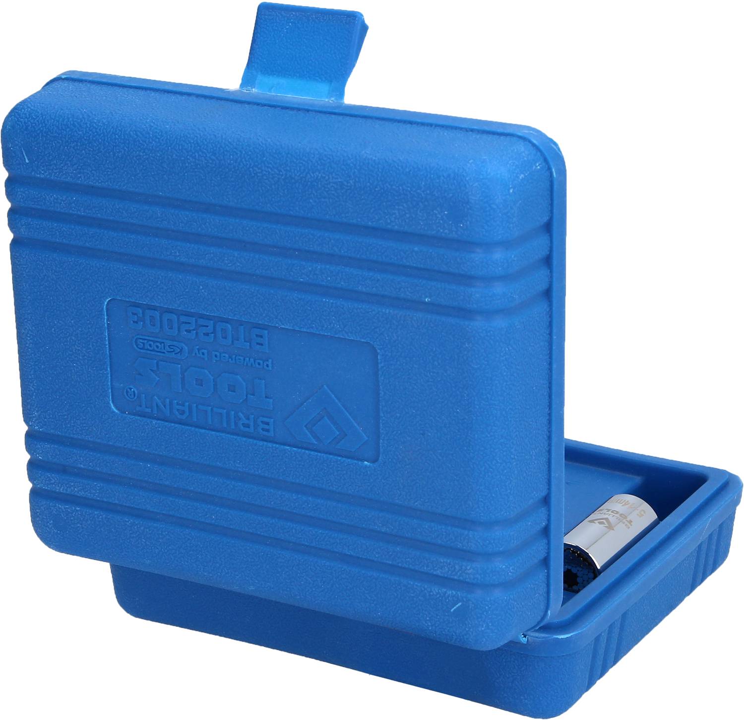 Een blauwe, geopende kunststof doos die er licht stoffig uitziet. In de doos ligt een AA-batterij.