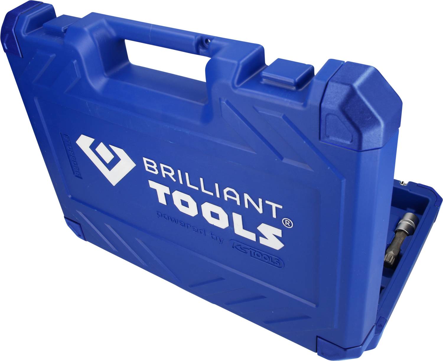 Een blauwe kunststof gereedschapskoffer met de opdruk 'BRILLIANT TOOLS' aan de zijkant. De koffer staat gedeeltelijk open en toont gereedschappen.