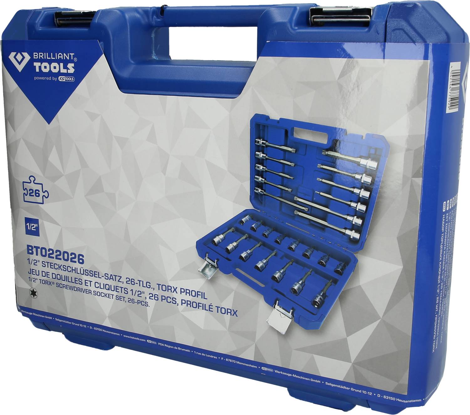 'Brilliant Tools' steeksleutelset, 26-delig, Torx-profiel in een blauwe koffer. Bevat verschillende steeksleutels voor Torx-schroeven.