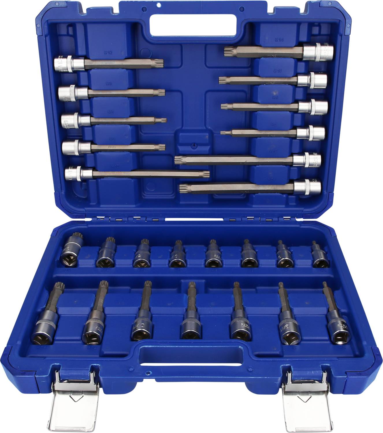 Blauwe gereedschapskoffer met 17 Torx-bits in twee rijen.