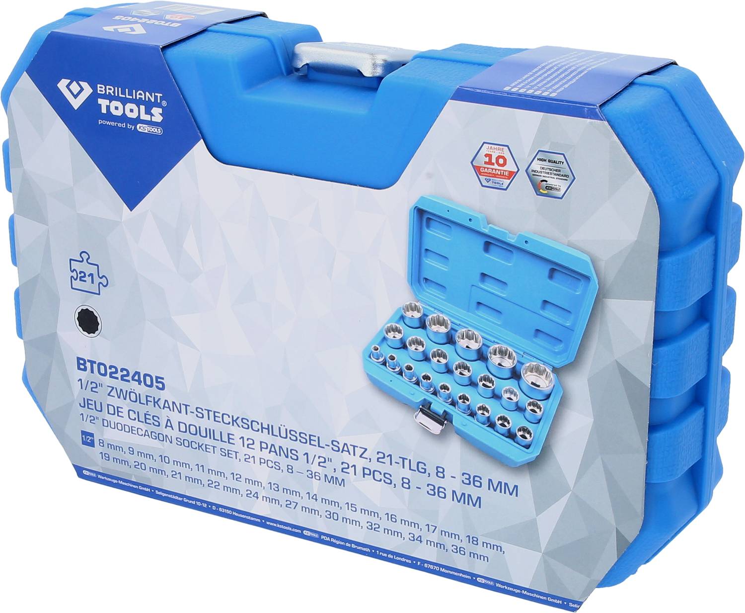 Blauwe gereedschapskoffer met 12-kantige dopsleutelset van 21 stuks (maten 8-36 mm) van Brilliant Tools. Merklogo linksboven.