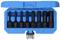 Een blauwe doos bevat zeven zwarte steeksleutelopzetstukken in verschillende maten, van H5 tot H19.