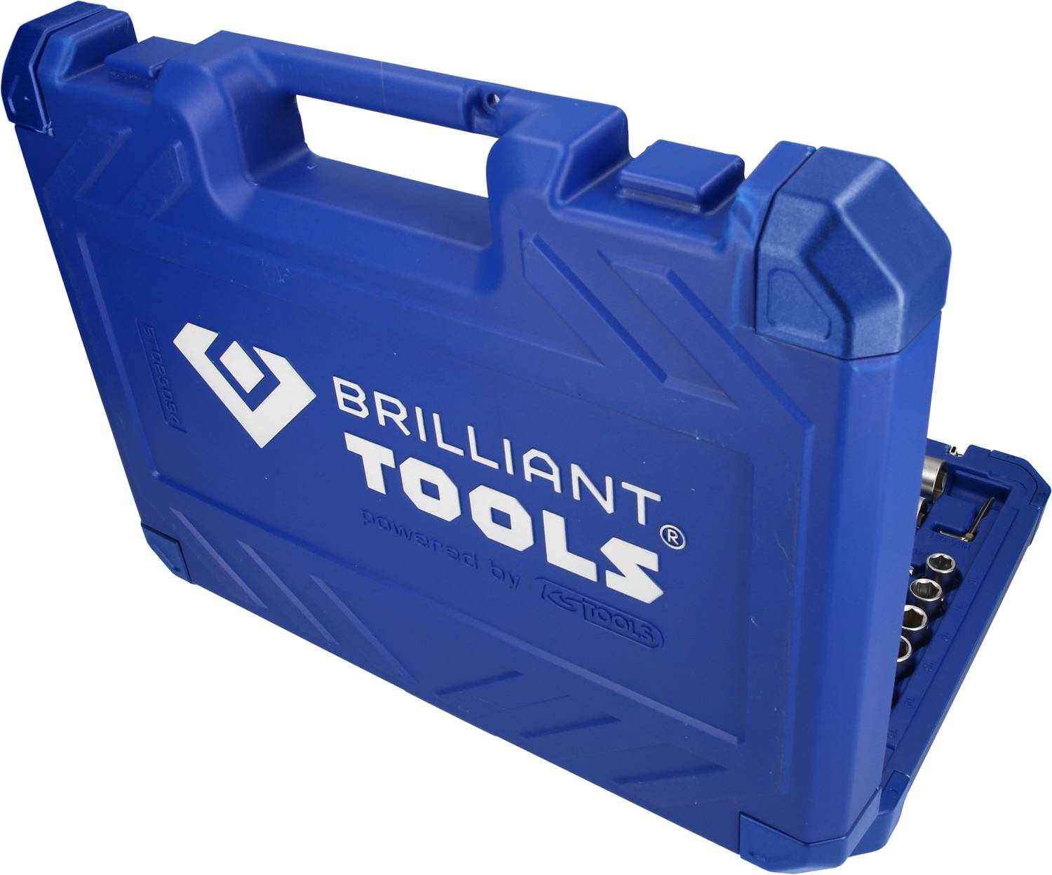 Blauwe gereedschapskist met de opdruk 'Brilliant Tools'. Een deel van de zilveren gereedschappen is zichtbaar.