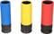 Drie gekleurde wielmoersleutels: blauw, geel, rood. Kunststof omhulling voor velgbescherming. Op witte achtergrond.