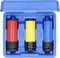 Drie gekleurde steeksleutels (rood, geel, blauw) in een blauwe etui, elk gemarkeerd met afmetingen: 21 mm, 19 mm, 17 mm.