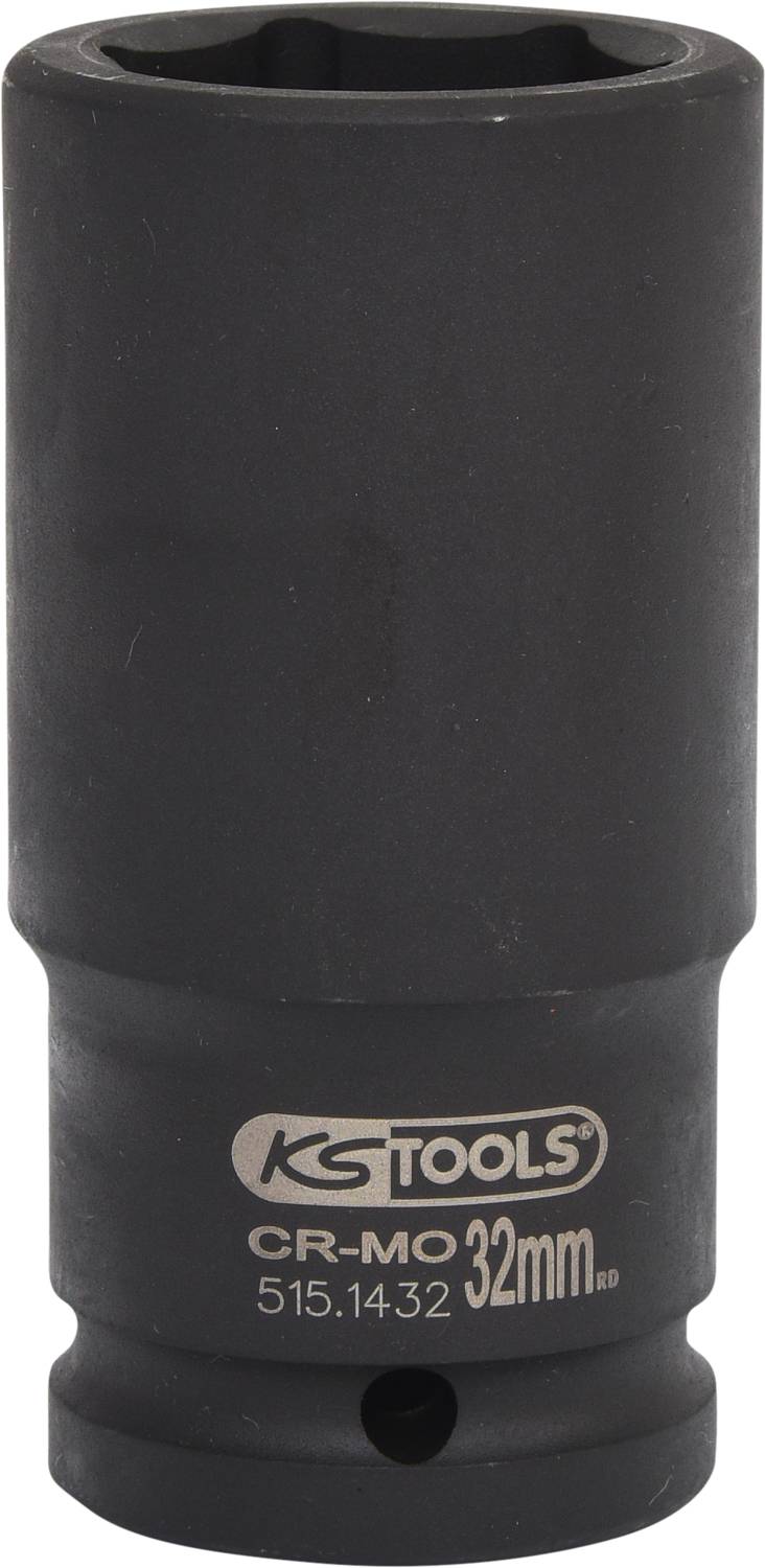 Een zwarte slagdop van KS Tools gemaakt van CR-MO-staal met een maat van 32 mm. Geschikt voor gebruik met slagschroevendraaiers.