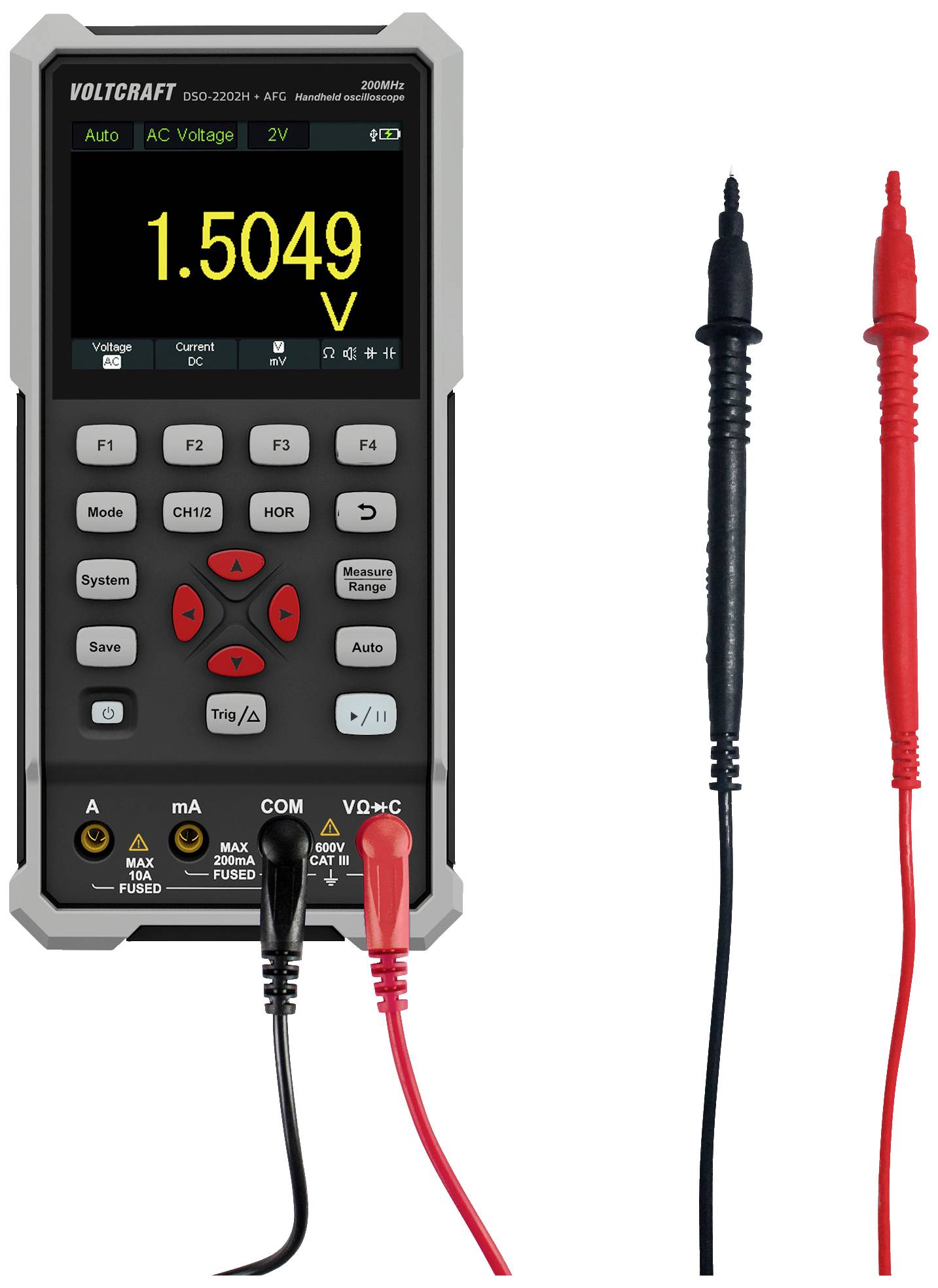 Digitale multimeter toont meetwaarde van 1,5049 volt. Rechts zijn zwarte en rode meetleidingen afgebeeld.