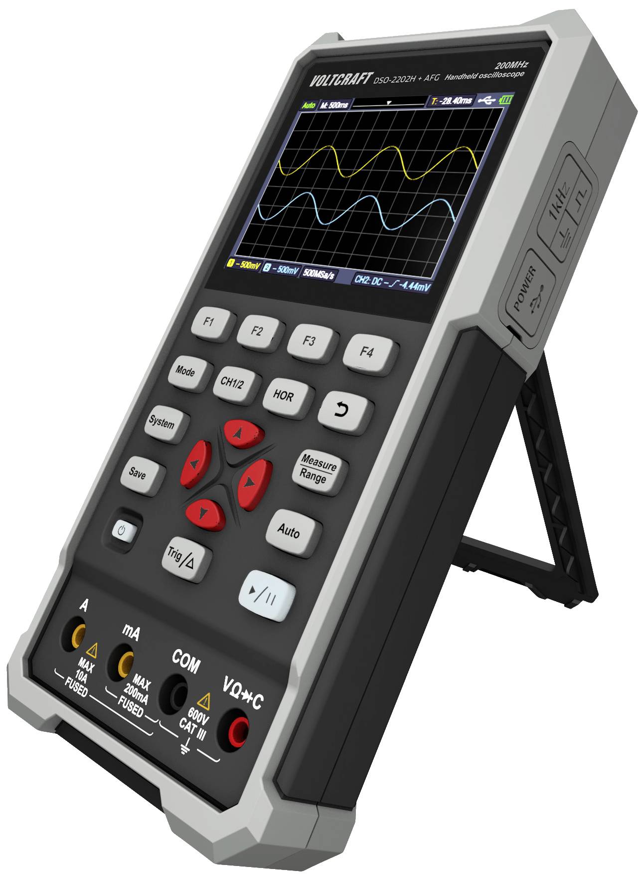 Digitale multimeter met een kleurenscherm, toont meerdere meetgrafieken en knoppen voor verschillende metingen en instellingen.
