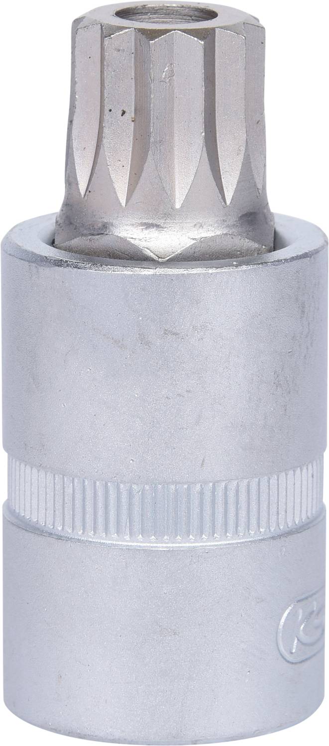 Een zilveren schroevendraaierbit met een Torx-inzet, cilindrisch, met gegroefde handgreep, voor mechanische of reparatiewerkzaamheden.