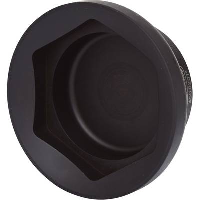 Een zwart, rond gereedschapsonderdeel met zeshoekige opening, mogelijk een trekker of adapter voor mechanische doeleinden.