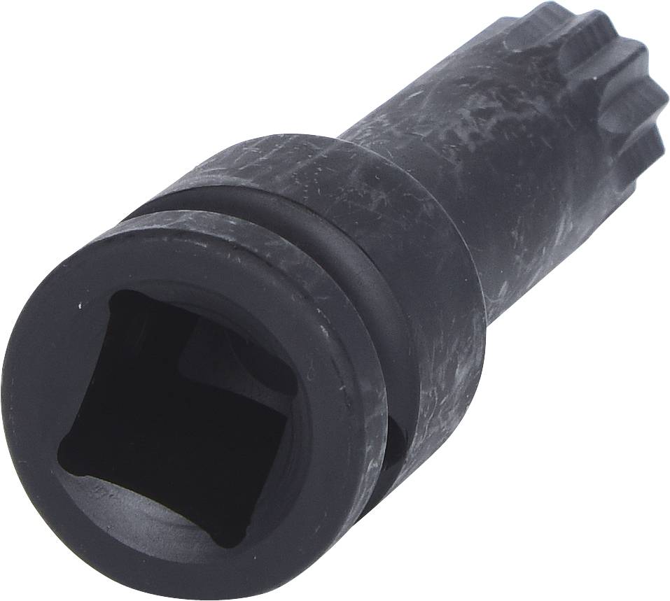 Een zwarte dopsleuteladapter met vierkante opening en geribbelde greep. Gebruikt voor het bevestigen van gereedschapsopzetstukken.