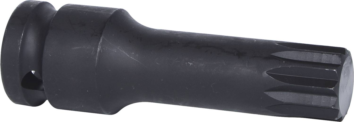 Een zwarte, cilindrische metalen opzetstuk met smalle groeven aan één uiteinde, waarschijnlijk een gereedschap of machinedeel.