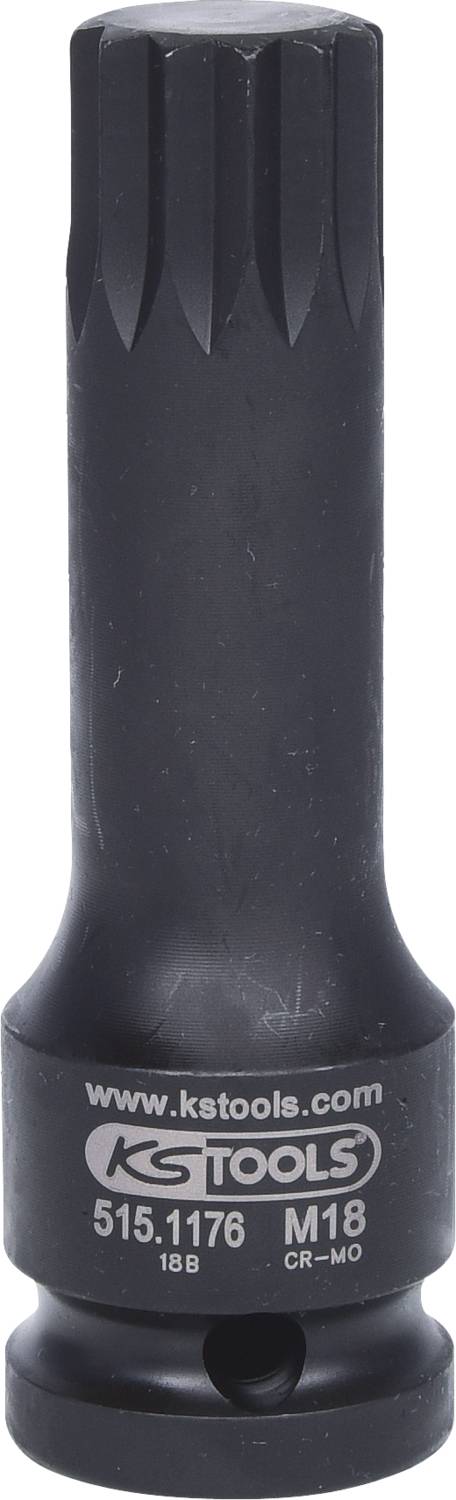 Een zwarte meertands steekmoer van KS Tools, modelnummer 515.1176, maat M18, vervaardigd uit chroom-molybdeen.