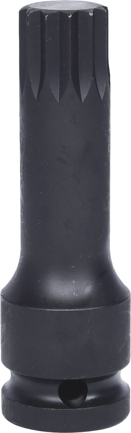 Een zwarte, langgerekte stalen bus met een gegroefde kop en een ronde voet, gebruikt voor speciale mechanische bevestigingen.