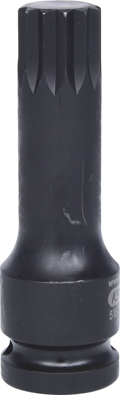 Een zwarte, cilindrische dopmoer met gegolfd uiteinde, geschikt voor gereedschappen in de automotive sector.