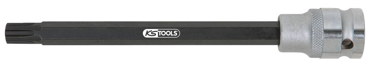Een Torx-bit met een lange schacht en een zilveren aansluiting. Geschikt voor schroefwerkzaamheden, gemarkeerd met 'KS Tools'.