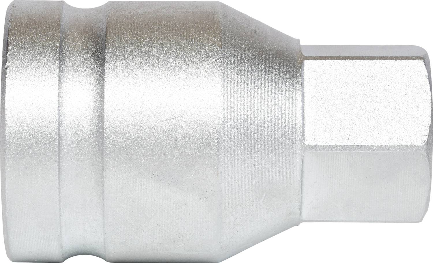 Een zilveren metalen opzetstuk met zeshoekige steel, waarschijnlijk een gereedschapstoebehoren.