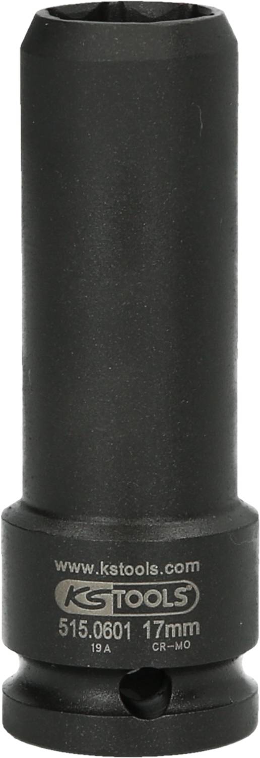 Een zwarte dopsleutel met de opdruk 'KS Tools', '17mm'. Hij is vervaardigd uit CR-MO-staal en is ontworpen voor zware belasting.