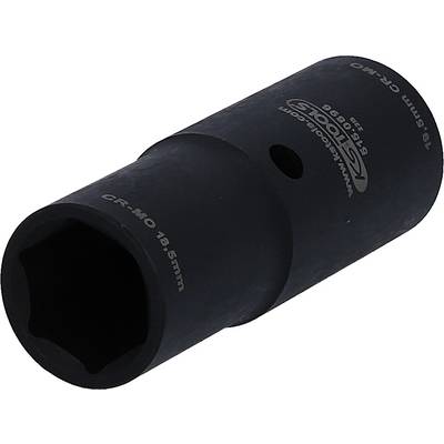 Een zwarte, cilindrische dopsleutel met opschrift 'CR-MO 18,5 mm', gebruikt voor schroefwerkzaamheden.