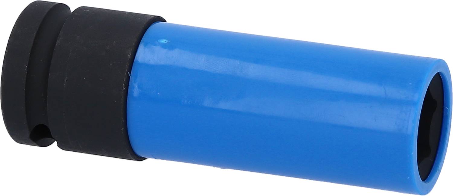 Blauwe dopsleutel met zwarte handgreep, vermoedelijk bedoeld voor het losdraaien of vastdraaien van moeren of schroeven.