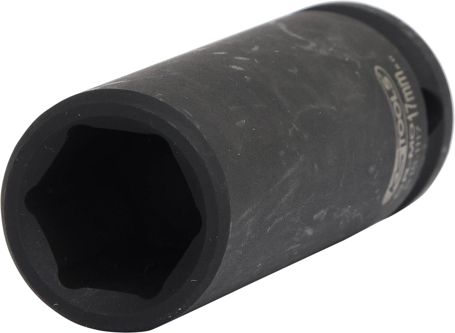 Een zwarte dopsleutel met zeskante opening, aanduiding toont '17 mm'.