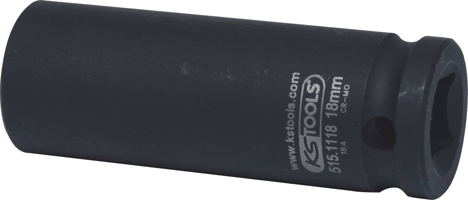 Metalen dopsleutel, zwart, met opdruk 'KSTOOLS 18mm'. Gebruikt voor schroefwerkzaamheden, met name bij zware machines of voertuigen.