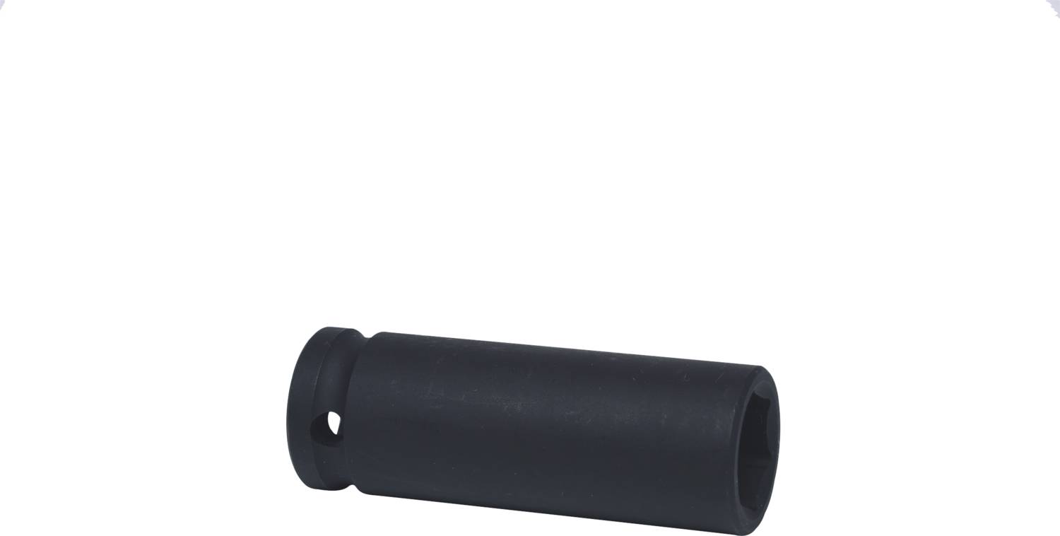 Een zwarte, cilindrische metalen adapter met een klein gat aan het ene uiteinde.