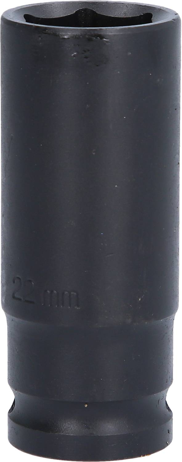 Een zwart gecoate dopsleutel met de markering '22 mm', geschikt voor gebruik met een dopsleutelset.