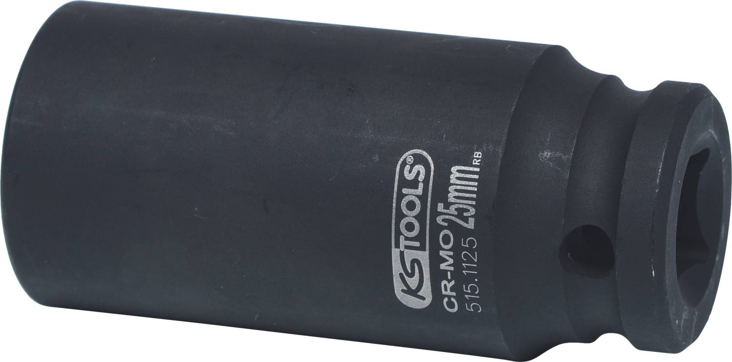 Zwarte 25 mm steekdop met opschrift 'KS Tools CR-MO 25mm'. Hij is cilindrisch, van metaal en wordt gebruikt voor het aandraaien van schroeven.