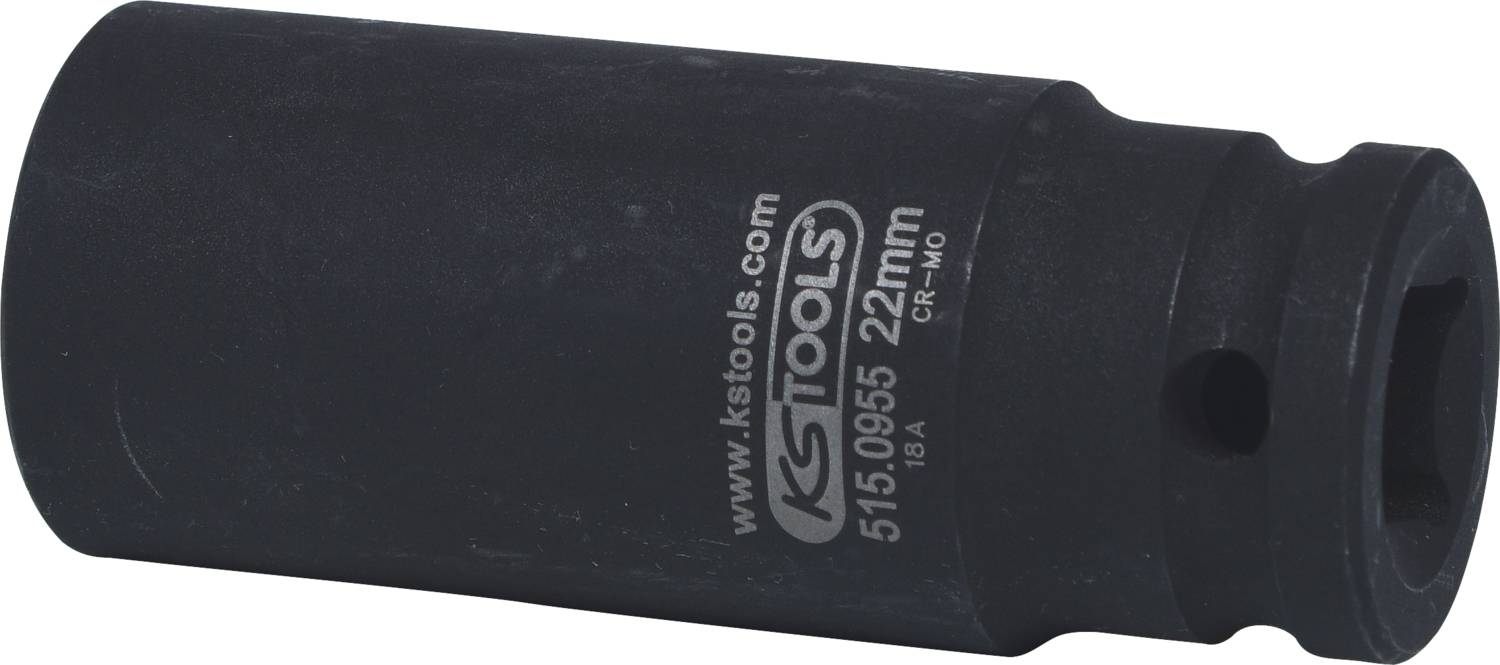 Zwarte zeskant dopsleutel met een grootte van 22 mm en KSTools-logo, geschikt voor gebruik met een slagmoersleutel.