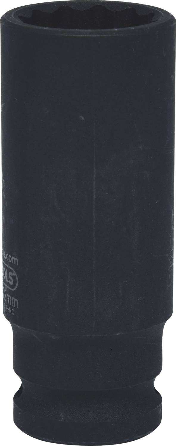 Zwarte steekdop, cilindrisch, geschikt voor ratel- en steeksleutels, vertoont gebruikssporen.