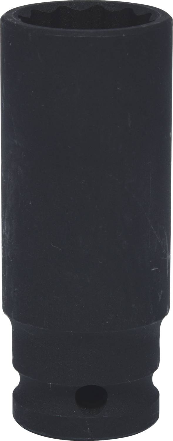 Een zwarte dopsleutelopzetstuk, cilindrisch, met een opening voor gebruik bij schroeven en moeren.