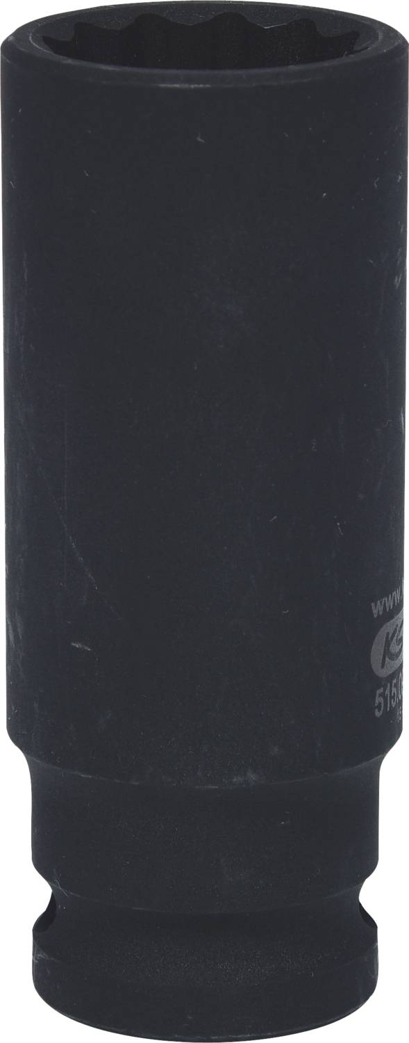 Lange zwarte metalen steeknoot, cilindrisch van vorm. Gebruikt voor schroefwerkzaamheden, met name in combinatie met een moersleutel.