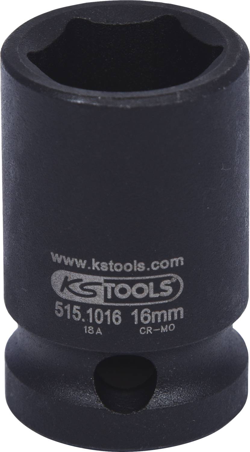 'Impact screwdriver nut by KS Tools, 16 mm size, black. Model number: 515.1016. Manufactured with CR-MO steel for durability.'