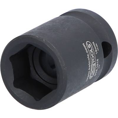 Een zwarte zeskantdop van metaal met opdruk 'KS Tools', diameter 18 mm, voor het losdraaien van moeren en schroeven.