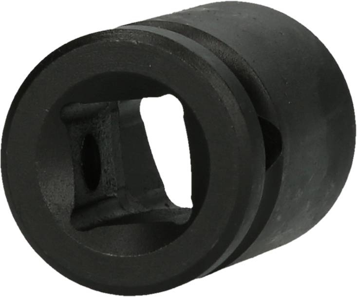 Een zwart, cilindrisch metalen onderdeel met een vierkant gat in het midden. Het is een voet of adapter voor gereedschappen.