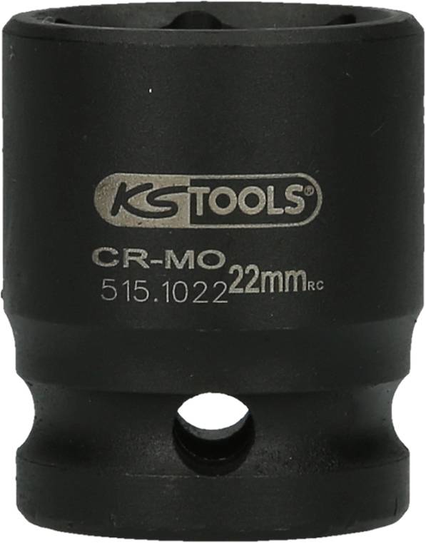 Dopsleutelinzet van zwart metaal met de opdruk 'KSTOOLS CR-MO 22mm'.