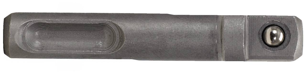 Een metallic machinedeel met een achthoekige vorm, een langwerpige verdieping aan de linkerkant en een ronde bol aan de rechterkant.