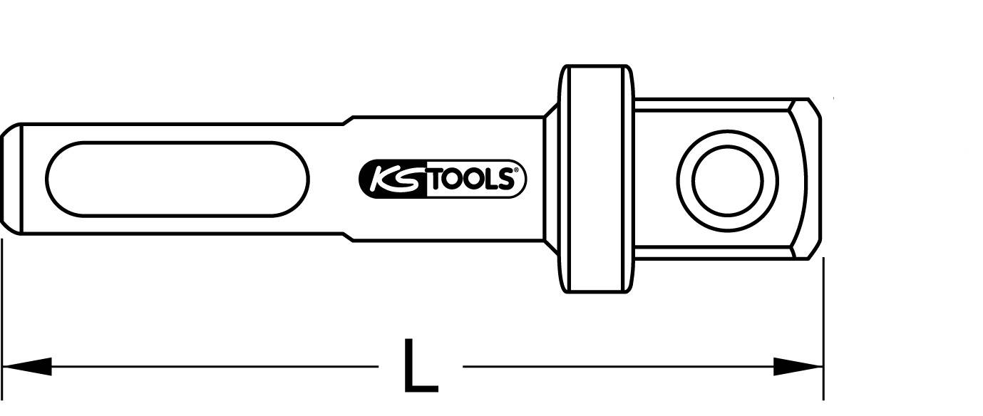Afbeelding van een adapter met het KS Tools-logo, gebruikt voor verlenging bij gereedschapstoepassingen. Pijl en letter 'L' markeren de lengte.