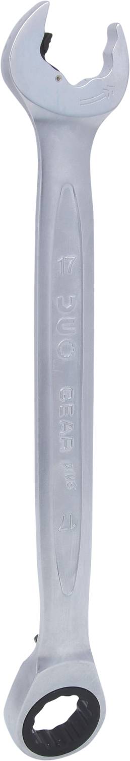 Een zilveren steeksleutel met ratel, voorzien van een open en gesloten kant, bedoeld voor het bevestigen van schroeven.