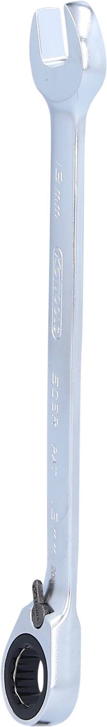 Zilveren ringsteeksleutel met ratel en open uiteinde, geschikt voor schroefwerkzaamheden.