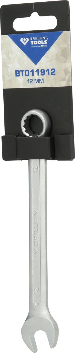 Een 12 mm steeksleutel, bevestigd in een zwarte houder, met de opdruk 'BT011912', van Brilliant Tools.