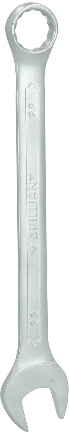 Een zilveren moersleutel met één open en één ringkant. 'Brilliant' is op de steel gestempeld.