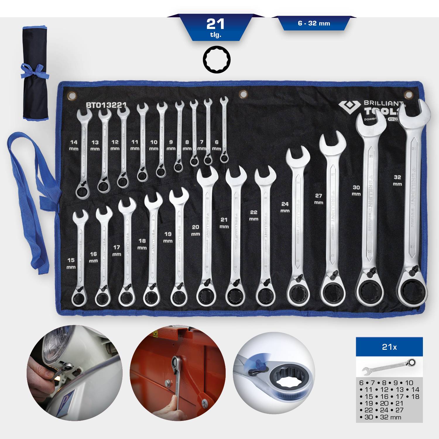 'Brilliant Tools' steeksleutelset, 21-delig, maten: 6-32 mm. Inclusief opbergtas. Toepassingen geïllustreerd.