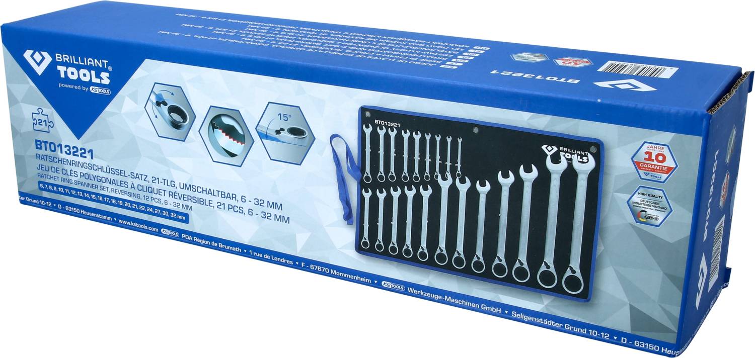 'Brilliant Tools' steeksleutelset-verpakking met afbeelding van moersleutels in verschillende maten en productinformatie.